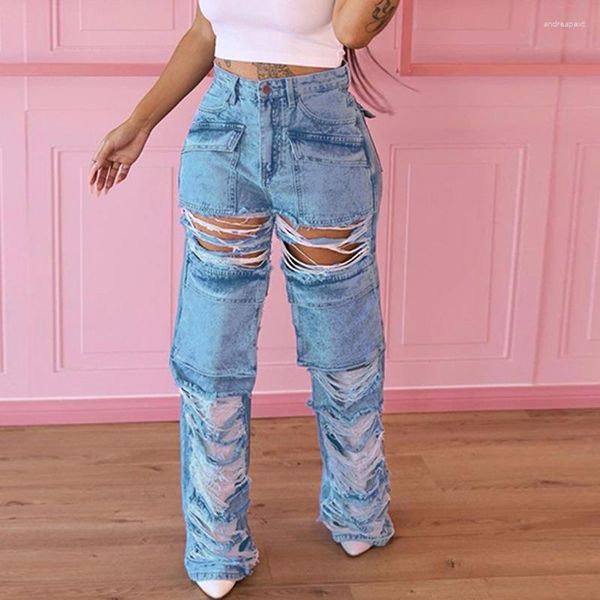 Jeans da donna Moda donna Strappato Scava Fuori Nappa Tasca frontale Stile 2023 Estate Ins Street Denim Pantaloni Pantaloni Slouchy