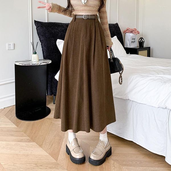 Юбки 2023, осень-зима, вельветовая женская модная бальная юбка с высокой талией, корейская женская повседневная темпераментная длинная юбка