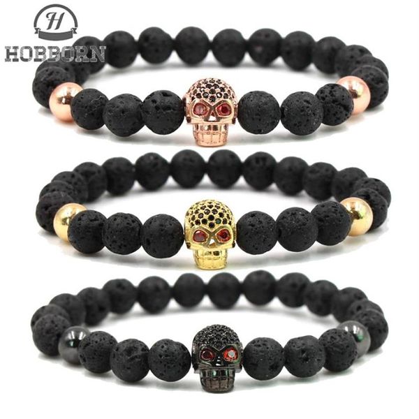 HOBBORN Trendy Bracciale in pietra lavica naturale Donna Uomo Hip Hop Oro rosa Argento Colore Fascino CZ Braccialetti con teschio Pulsera Hombre2754