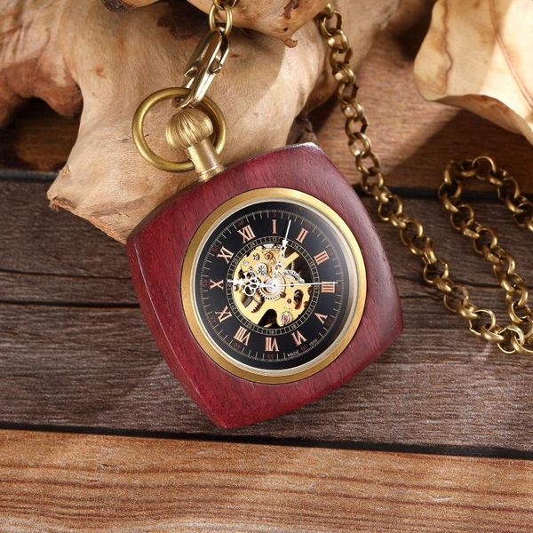 Zakhorloges Retro Uniek Koninklijk Rood Houten Bamboe Handopwindbaar Mechanisch Horloge Vierkante wijzerplaat met gouden ketting Heren Uurklok Geschenken 2023