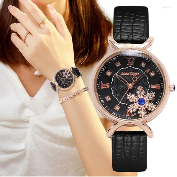 Relógios de pulso de luxo moda mulheres relógios qualidades diamante senhoras quartzo couro com roma móvel floco de neve dial mulher relógio