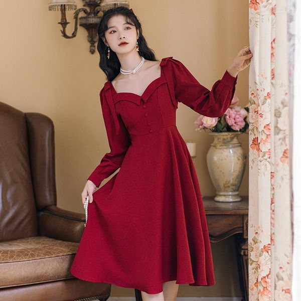 Vestidos casuais torrada francesa vintage vinho vermelho terno lembra o vestido de noiva