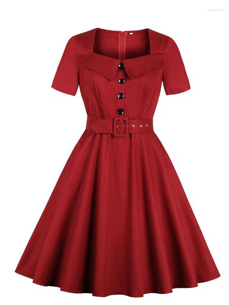 Vestidos casuais 2023 retro mulheres colarinho quadrado botão frontal cinto 50 60s rockabilly vestido manga curta bolso elegante sólido vintage