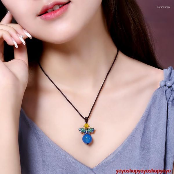 Gargantilha ágata azul vintage chinês clássico artesanal mulher menina pingente colar colar collier camisola corrente