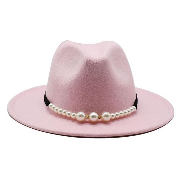 Федора, однотонная, элегантная, с жемчужной пряжкой, классические зимние женские шляпы, розовая очаровательная свадебная фетровая шляпа, женская2514