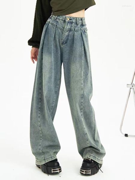 Jeans da donna ADAgirl Y2k Blu per le donne Streetwear Moda vintage Pantaloni larghi in denim femminile Pantaloni a vita alta con design a pieghe Pantaloni Mujer