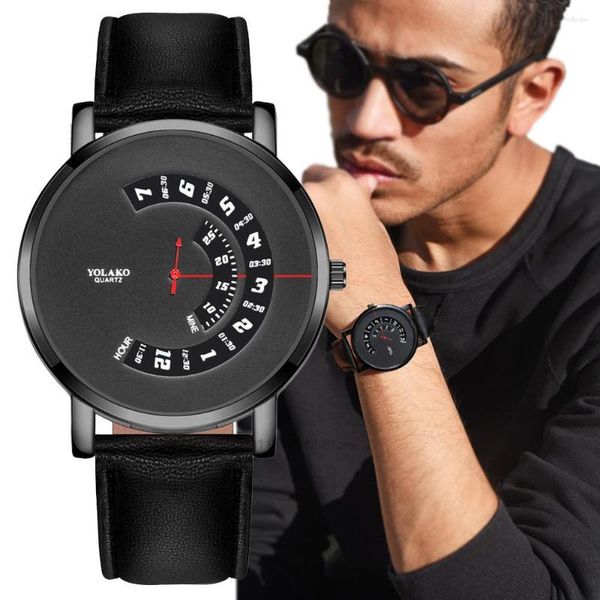 Armbanduhren Minimalistische Mode Marke Herrenuhr Kreatives Design Kalender Quarzuhren Casual Schwarzes Lederarmband Geschenke Männlich