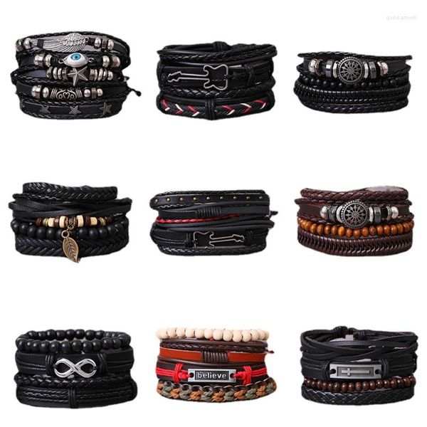 Link pulseiras multi-camada vintage cruz forma couro trançado pulseira homem árvore folha guitarra pedra natural artesanal corda envoltório