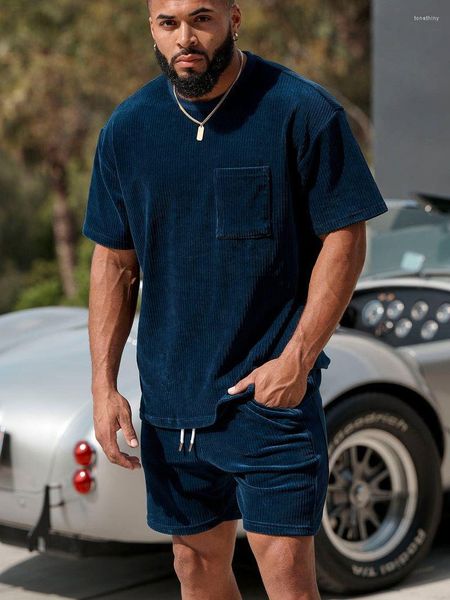 Tute da uomo 2023 Estate Velluto a coste Tuta Manica corta T-shirt Pantaloncini 2 pezzi Set Tuta sportiva Uomo Palestre Fitness Abbigliamento sportivo maschile