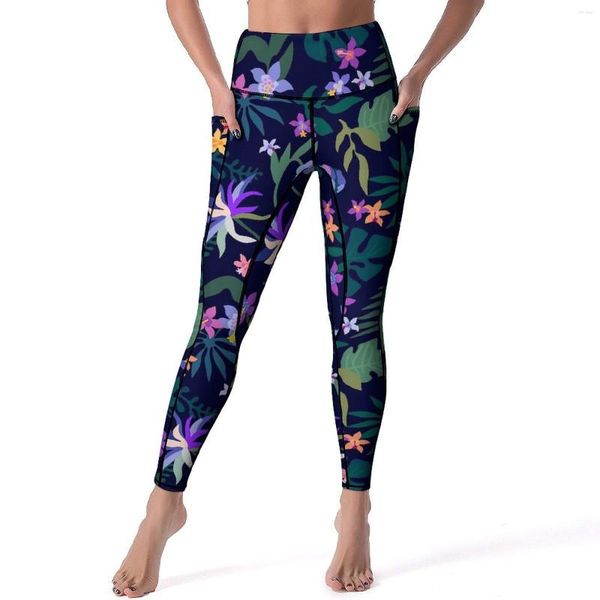 Pantaloni attivi Notte Leggings floreali tropicali Stampa fiori Palestra Yoga Donna Push Up Collant sportivi vintage Legging grafico ad asciugatura rapida