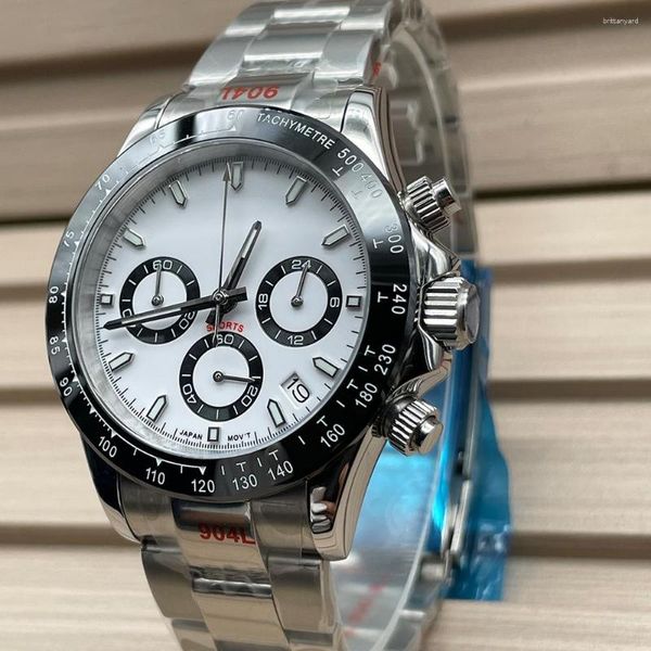 Armbanduhren 40mm Herren White Panda Quarzuhr VK63 Uhrwerk Saphir Edelstahl Luxus Wasserdicht Multifunktions Drei Augen Chronograph