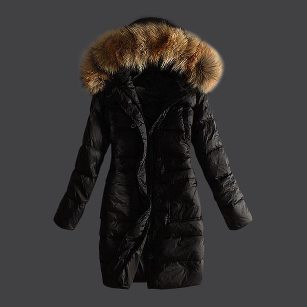 Damen Herbst Winter Weiße Entendaunen Parkas Reißverschluss Einreihige Jacken Kapuzenfell Dicke Stickerei Gestreifte Damen Schlanke Lange Mäntel MKW23001 Kleidungsstück