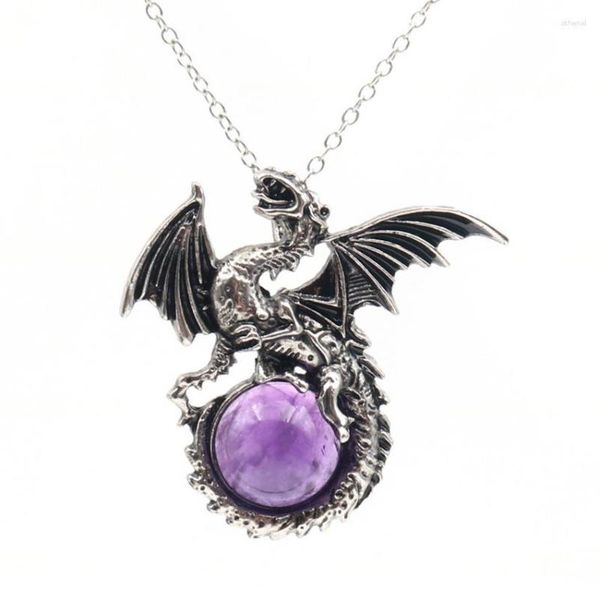 Ожерелья с подвесками FYJS, уникальное посеребренное ожерелье с драконом, аметисты, камень, звено цепи из бисера, ожерелье для подарка на годовщину, ювелирные изделия