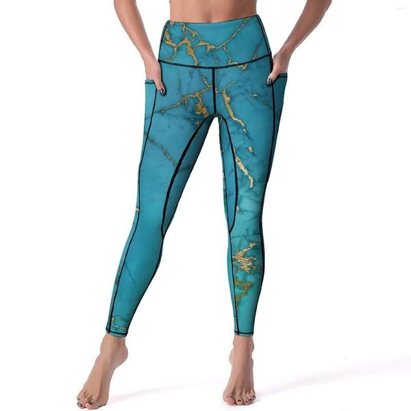 Calça ativa azul mármore leggings ouro pedra metálica cintura alta yoga novidade elástico legging senhora padrão fitness esporte