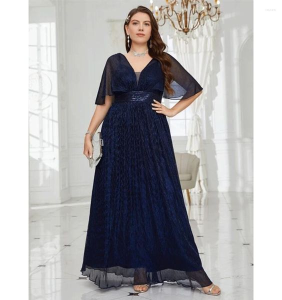 Plus Size Kleider V Symphony Königsblau Loses Kleid 4XL5XL Big Plissee Langer Hals Kurzarm Abend Damen