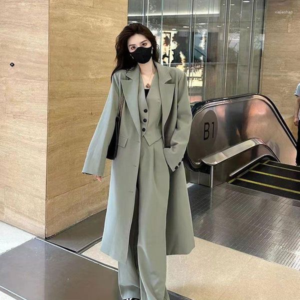 Calças femininas de duas peças mulher vintage solto terno colete perna larga único-breasted colarinho trench coat três conjunto