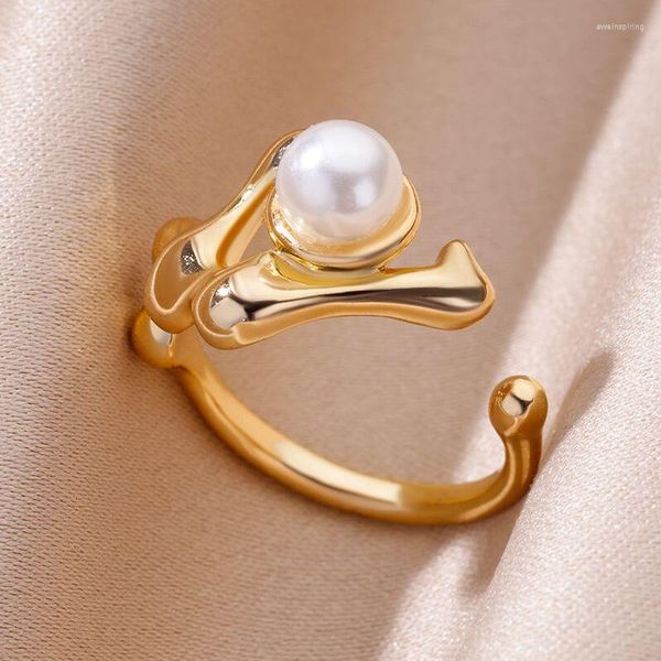 Hochzeit Ringe Runde Imitation Perle Für Frauen Gold Farbe Edelstahl Ring Vintage Ästhetischen Luxus Schmuck Weihnachten Geschenk