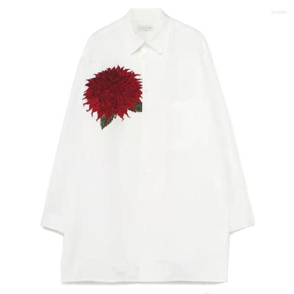 Мужские повседневные рубашки, японский тренд 23SS, весенне-летняя вышивка с цветами георгина и растениями для мужчин и женщин, рубашка с длинным рукавом