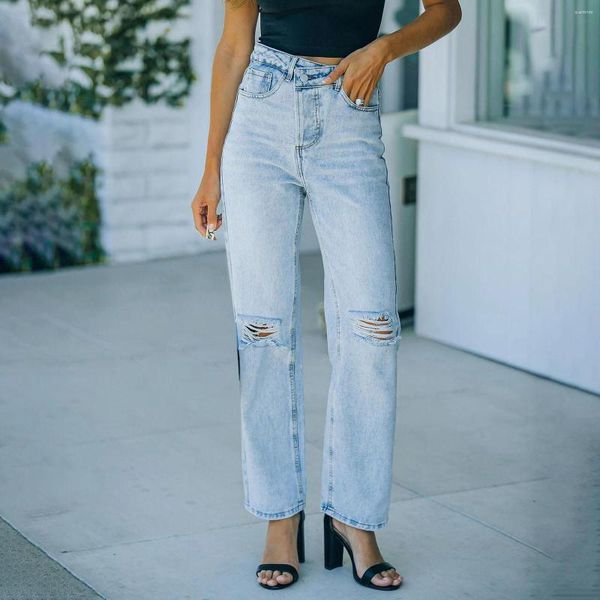 Calça jeans feminina com tubo vertical, cintura alta, rasgada, botão irregular, perna reta, calça jeans
