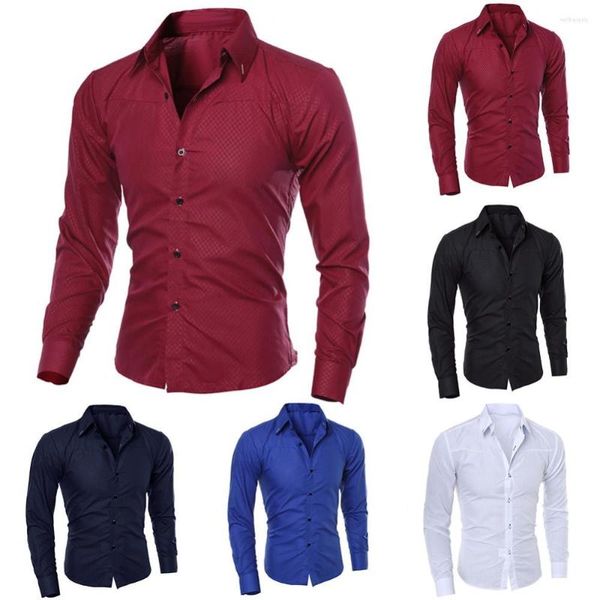 Camisas masculinas de luxo casual social formal camisa lapela manga longa magro cor sólida masculino negócios polo blusa topos