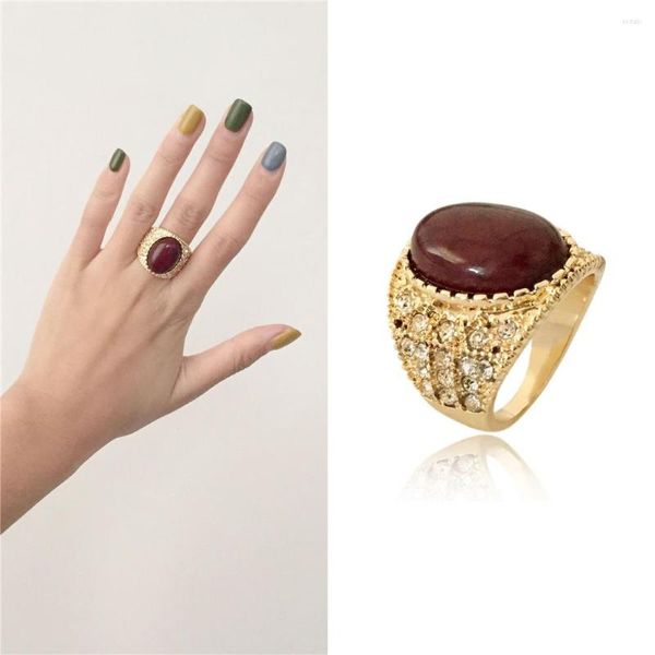 Anéis de cluster Bohemia cor de ouro chapeamento pedra clara com anel de mármore marron para mulheres menina senhora antigo vintage jóias