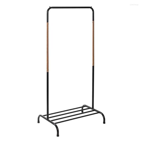 Cabides único rack de vestuário com prateleira de sapato e barra de suspensão para roupas suporte preto/natural