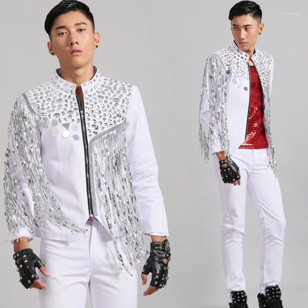 Herrenanzüge Männer Designs Quaste Homme Terno Bühnenkostüme für Sänger Pailletten Blazer Tanzkleidung Jacke Stil Kleid Punk Weiß