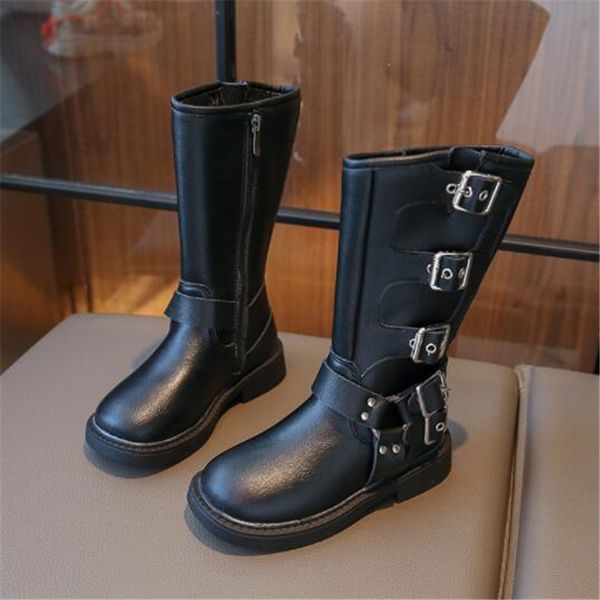 Crianças ao ar livre botas da menina outono lado zíper botas de couro sola de borracha martin bota fivela de cinto crianças botas de comprimento crianças calçados