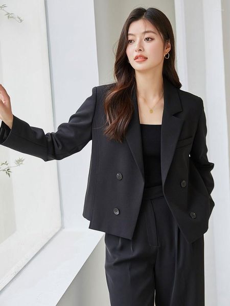 Damenanzüge 2023 Frühling Elegantes Büro Damen Zweireiher Schwarzer Anzug Jacke Mode Lässig Klassisches Design Revers Frauen Blazer Kurz