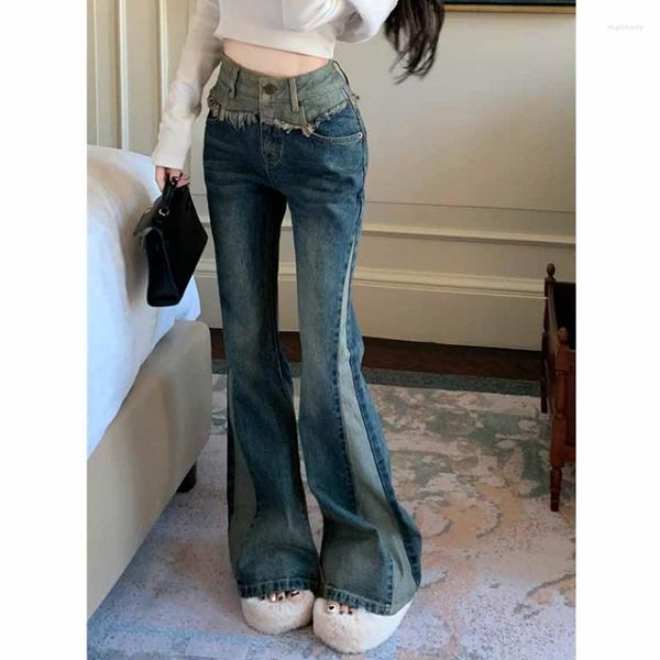 Jeans da donna a vita alta patchwork retrò con bordo ruvido Mop per la primavera estate dimagrante colore coordinato pantaloni altoparlanti casual tendenza