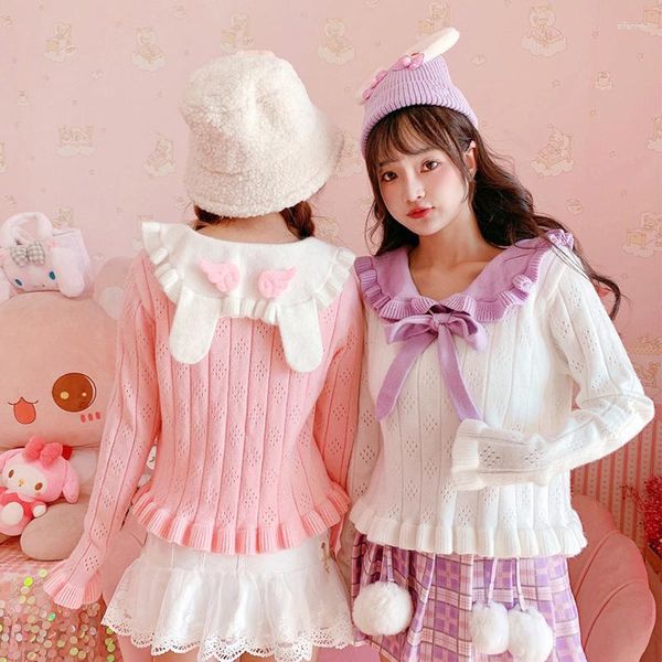 Suéter feminino kawaii orelha malha suéter bonito menina jumper outono coreano moda mulheres colheita tops manga longa vintage laço laço pulôver