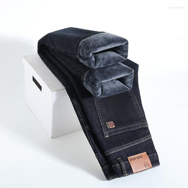 Männer Jeans Marke Winter Samt Verdickt Modische Gerade Lose Business Casual Warme Denim Hosen Hosen Schwarz Blau