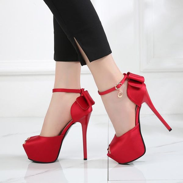 Sapatos de vestido Maogu vermelho salto alto mulheres bombas plataforma festa senhoras stiletto sapato com gravata borboleta 2023 mulheres peep toe 34