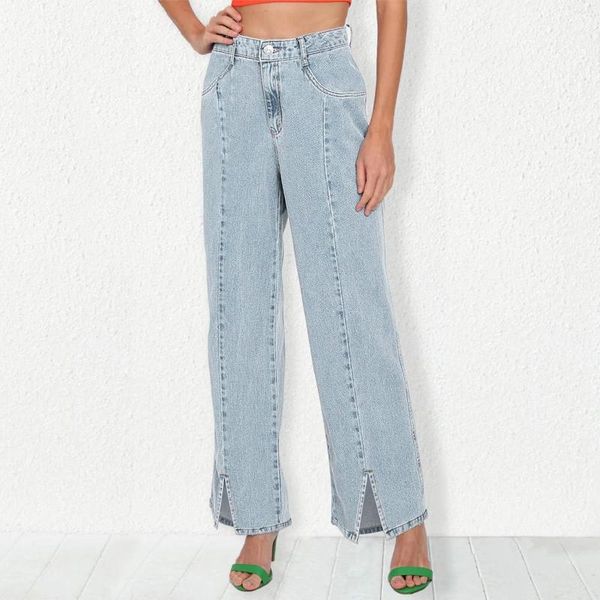 Jeans femininos calças jeans cintura alta fina drape solta perna reta bainha fenda larga baggy