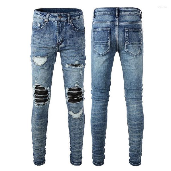 Jeans masculinos estilo coreano tendência begger azul magro y2k streetwear angustiado calça skinny estiramento destruído bandana rasgado remendo homens