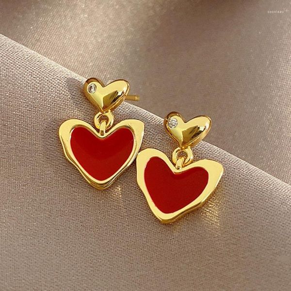 Baumelnde Ohrringe, modisch, süßes Burgunder-Emaille-Herz für Frauen und Mädchen, Goldfarbe, Metall, Liebe, hängender Vintage-Schmuck