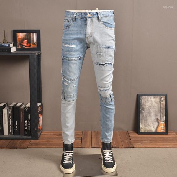 Jeans da uomo Street Fashion Uomo Pantaloni retrò elasticizzati strappati slim firmati blu chiaro Pantaloni hip-hop rattoppati