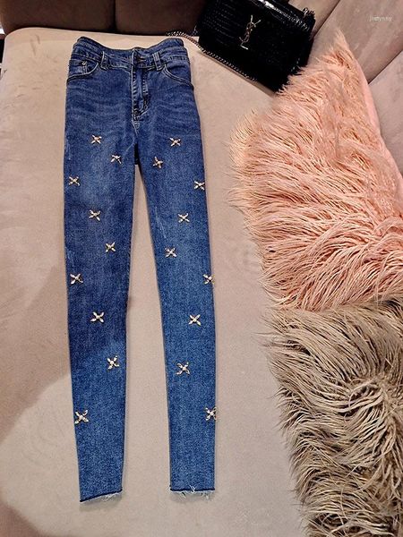 Jeans femininos contas pesadas flor pérola strass mulheres cintura alta algodão estiramento fino ajuste magro denim calças 2023 verão pantalones