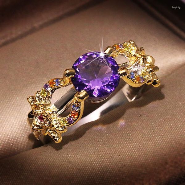 Anelli a grappolo 2023 Moda Oro riempito Fiore Viola Zircone Pietra per le donne Croce Infinito Matrimonio Regalo di Natale Gioielli all'ingrosso