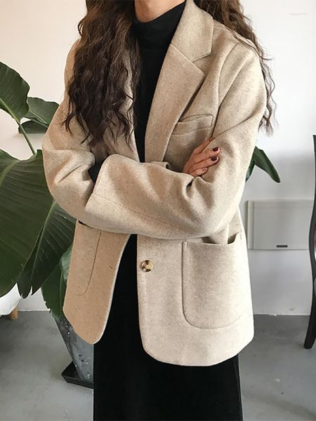 Ternos femininos unxx lã blazer jaqueta feminina outono inverno solto meados longo versátil preto acolchoado espessamento pequeno casaco na moda 2023