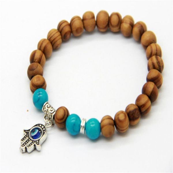 Neue Produkte Ganze Qualität 8mm Perlen Holz Perlen Fatima Hand Hamsa Günstige Armbänder Neue OM Yoga Jewelry206M