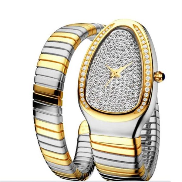 Orologio al quarzo da donna popolare moda 33mm piatto orologio in acciaio inossidabile oro personalità impermeabile ragazza serpente Diamante moissani249G