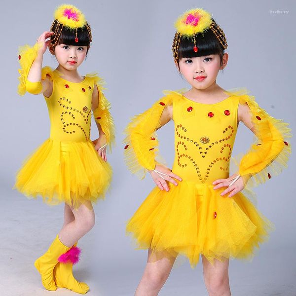 Palco desgaste amarelo crianças desempenho vestido de dança de salão crianças meninas dancewear saias traje latino trajes