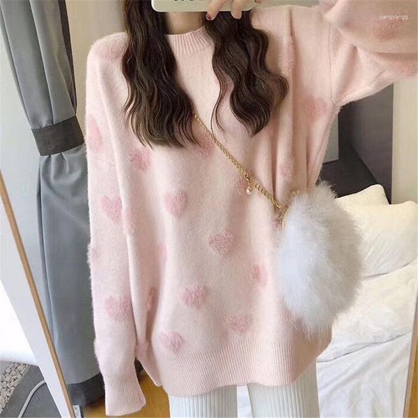 Maglioni da donna 2023 Maglione Kawaii Allentato Autunno Inverno Amore Stampa Pullover Manica lunga Stile pigro Moda Retro Maglia Top Peluche