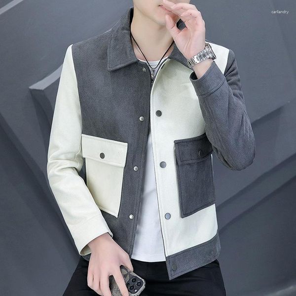 Jaquetas masculinas pesadas patchwork bloco forrado jaqueta slim curto decote em V com botão único