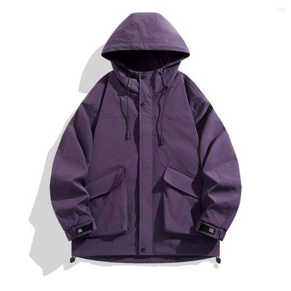 Jaquetas masculinas Roxo Windbreaker Homens Leve Capuz Outono Primavera Casacos Finos com Grandes Bolsos Roupas