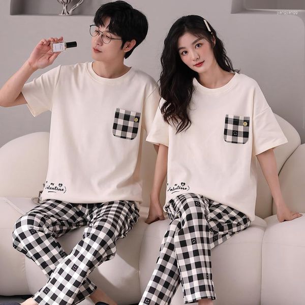 Pijamas masculinos verão manga curta pijamas amantes algodão casal conjuntos de pijama feminino/masculino moda esporte estilo camisola casa roupas