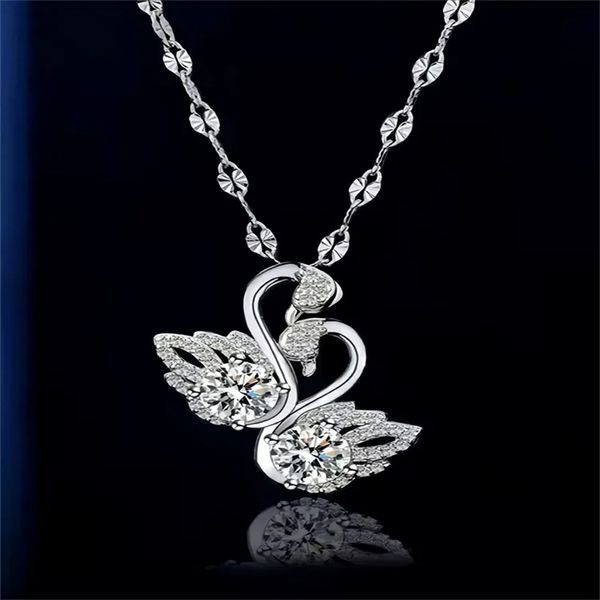 S925 Pure Necklace Women's Korean Version Fashion Mosang Diamond Double Swan Pendant, Small Design Sense, Elegant and Luxury Clavicle Chain Jewelry Wholesale