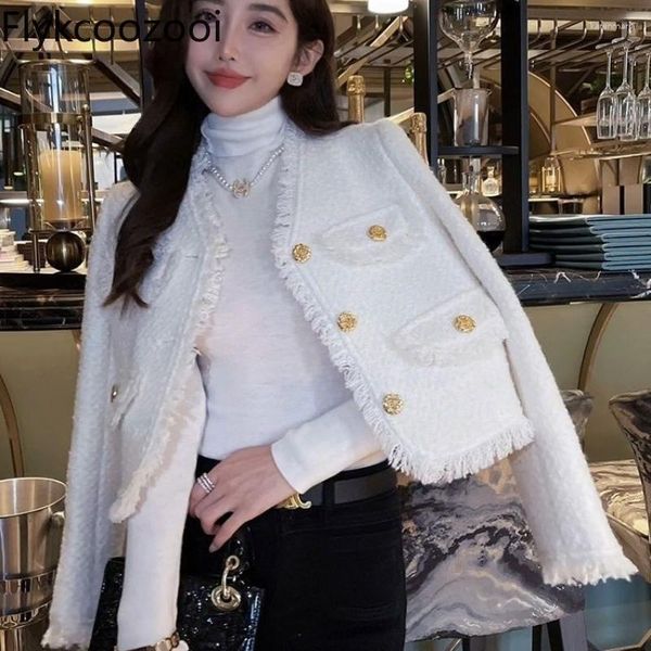 Jaquetas femininas flykcoozooi doce características de casacos pequenos perfumados luxo tweed jaqueta estilo coreano retro 2023 feminino topos