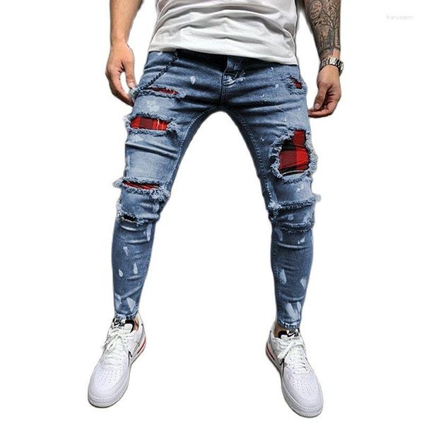 Jeans masculinos vestuário mens skinny demin calças masculinas moda retalhos buraco rasgado streetwear desgastado calças de fundo